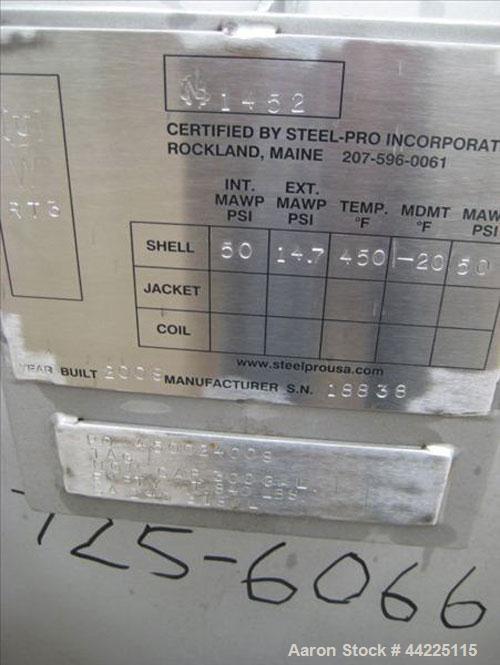 Used Steel Pro Pressure Tank, 300 Gallon, 316L Stainless Steel, Horizontal.  Internal rated 50 psi at 450 degrees F.  Built 2009, serial #18838, National Board #1452.