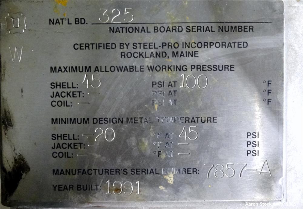 Used Steel-Pro Incorporated Pressure Tank, 100 Gallon, 316 Stainless Steel, Ver