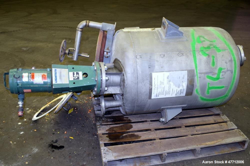 Used Steel-Pro Incorporated Pressure Tank, 100 Gallon, 316L Stainless Steel, Vertical. 30" Diameter x 34" straight side, dished top & bottom. Internal rated 45 psi at -20 to 100 degrees F. Off center...