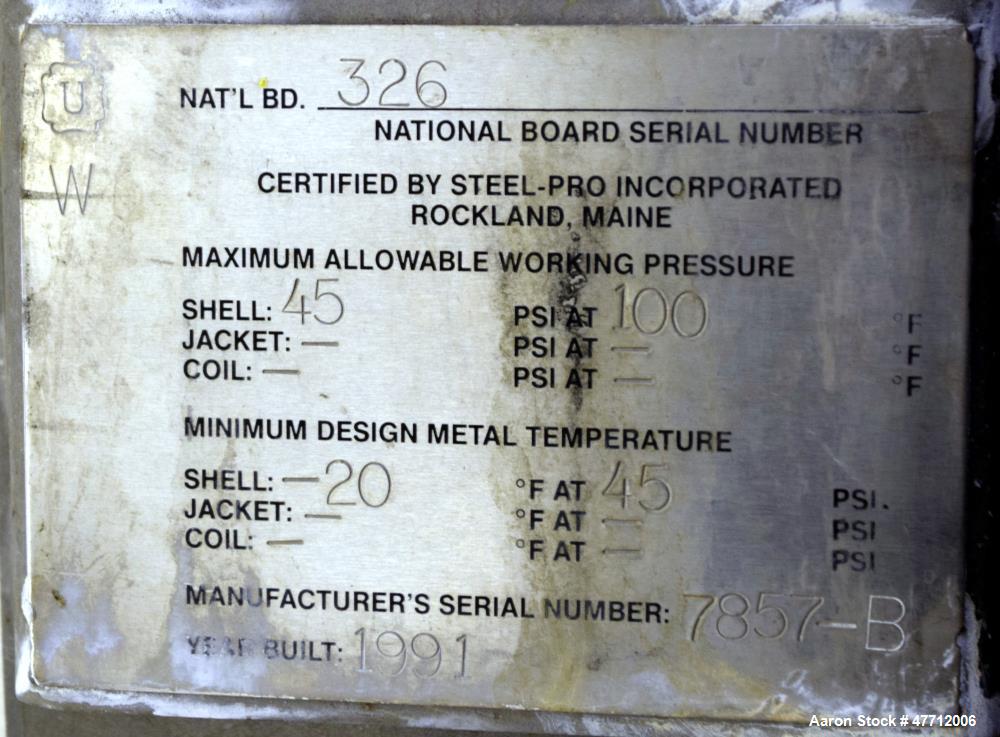 Used Steel-Pro Incorporated Pressure Tank, 100 Gallon, 316L Stainless Steel, Vertical. 30" Diameter x 34" straight side, dished top & bottom. Internal rated 45 psi at -20 to 100 degrees F. Off center...