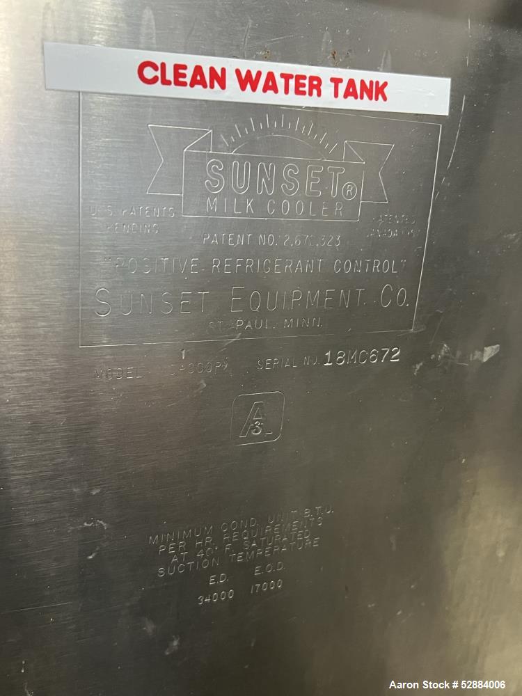 Used- Sunset Milk Cooler Tank, Model MC-300PX, Approximate 300 Gallon, Stainless Steel, Horizontal. Approximate 73" long x 3...