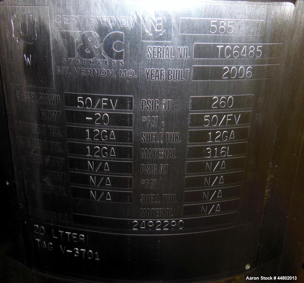 Used T&C Stainless Pressure Tank, 20 Liters (5.2 Gallons), 316L Stainless Steel, Vertical.  Approximately 12" diameter x 12" straight side, dished top and bottom. Internal rated 50 psi/ full vacuum a...