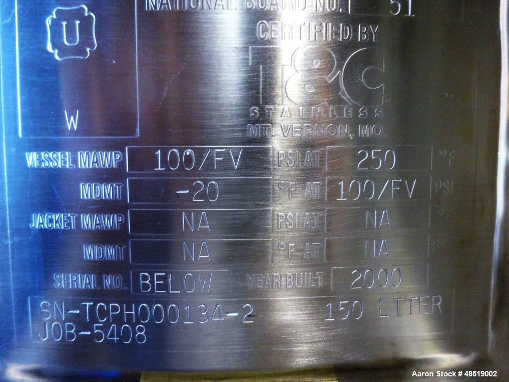 Used T & C Pressure Tank, 39 Gallon (150 liter), 316 Stainless Steel, Vertical.