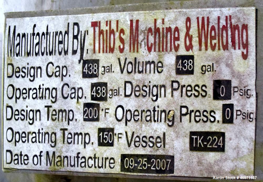 Used Thibs Machine & Welding Tank, 438 Gallon, 316 Stainless Steel, Vertical. Approximate 42" diameter x 69" straight side, flat bolt on top, coned bottom. Internal rated to 200 degrees F. Top enteri...