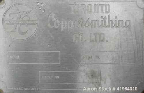 Used Toronto Coppersmithing Percolator Tank, 300 gallon, 304 stainless steel, vertical. Approximately 34" diameter x 77" straight side, dish clamp on top, dish bottom. 36’’ diameter x 48’’ deep remov...