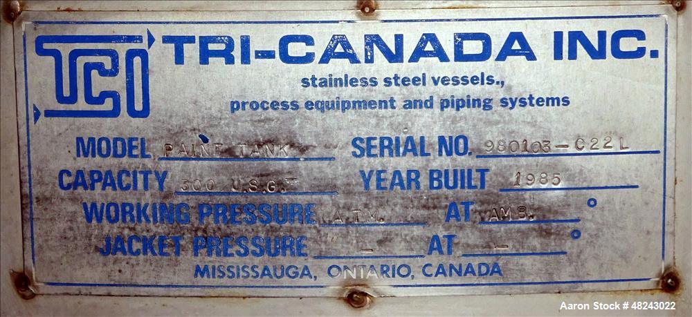 Used Tri-Canada Mix Tank, 300 Gallon, Model Paint Tank, 304 Stainless Steel, Ve