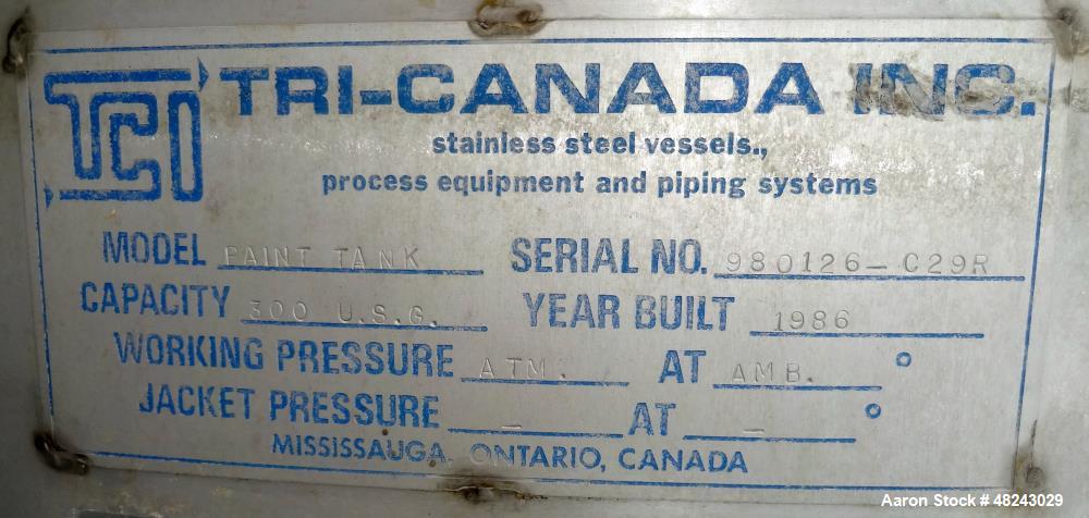 Used Tri-Canada Mix Tank, 300 Gallon, Model Paint Tank, 304 Stainless Steel, Ve