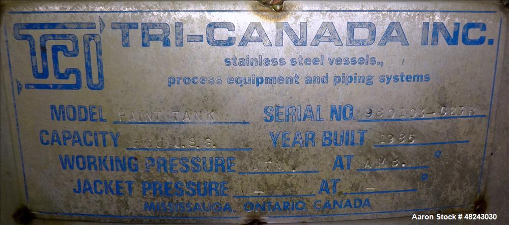Used Tri-Canada Mix Tank, 300 Gallon, Model Paint Tank, 304 Stainless Steel, Ve