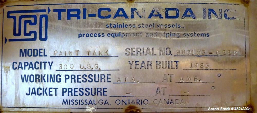 Used Tri-Canada Mix Tank, 300 Gallon, Model Paint Tank, 304 Stainless Steel, Ve