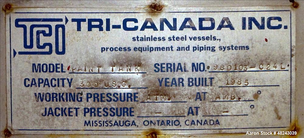Used Tri-Canada Mix Tank, 300 Gallon, Model Paint Tank, 304 Stainless Steel, Ve