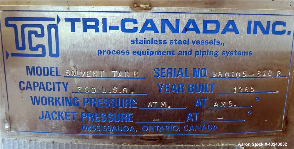 Used Tri-Canada Mix Tank, 300 Gallon, Model Paint Tank, 304 Stainless Steel, Ve