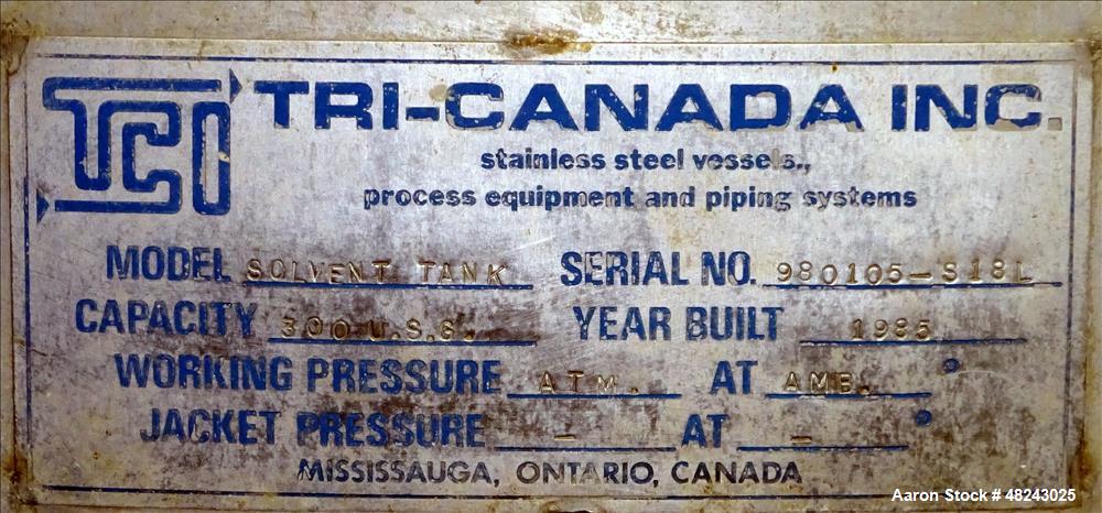 Used Tri-Canada Mix Tank, 300 Gallon, Model Paint Tank, 304 Stainless Steel, Ve