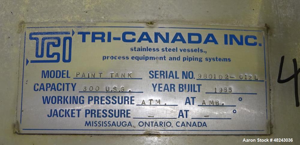 Used Tri-Canada Mix Tank, 300 Gallon, Model Paint Tank, 304 Stainless Steel, Ve