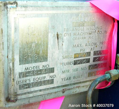 Used: Tri-Angle Welding pressure tank, 400 gallon, model VT-48-48, stainless steel, vertical. 48" diameter x 48" straight side, dished top and bottom. Internal rated 150 psi at 365 deg.f.. Openings t...