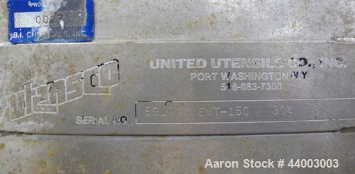 Used United Utensils Tank, 150 Gallon, Model VT-150, 304 Stainless Steel, Vertical. Approximate 38" diameter x 35" straight side. Flat top with a bolt on 1 piece cover, coned bottom. 2" Center bottom...