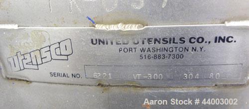 Used United Utensils Tank, 300 Gallon, Model VT-300, 304 Stainless Steel, Vertical. Approximate 45" diameter x 47" straight side. Flat top with a bolt on 1 piece cover, flat bottom. 2" Off center bot...