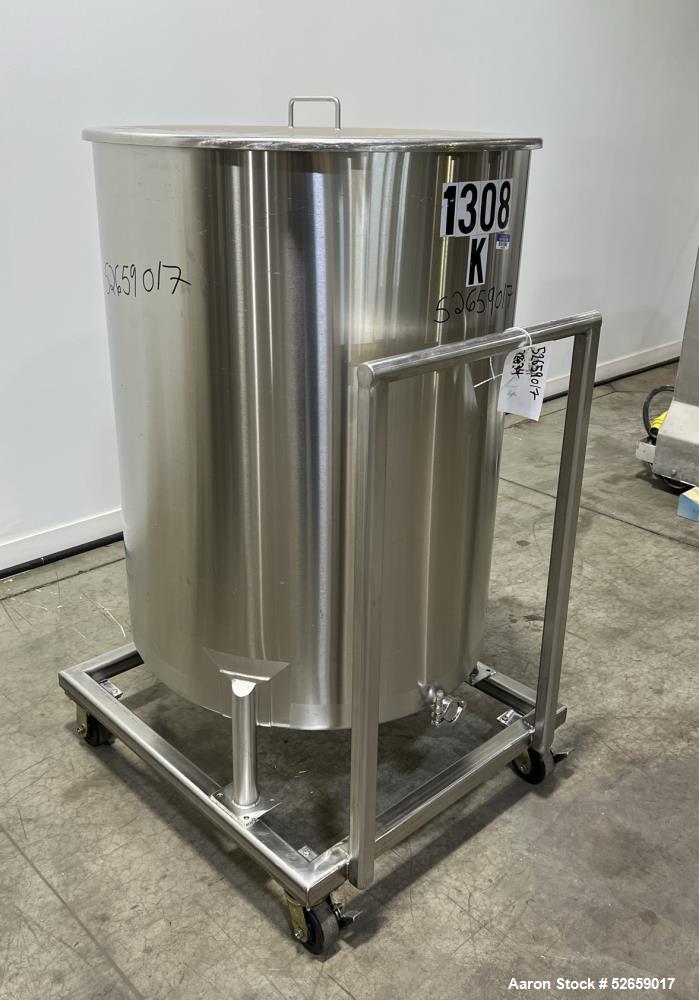 Used Stainless Steel Tank, Approximate 140 Gallon, Vertical. Approximate 32" diameter x 40" straight side. Flat top with cover, slight sloped bottom. 1-1/2" side bottom outlet, 13" discharge height. ...