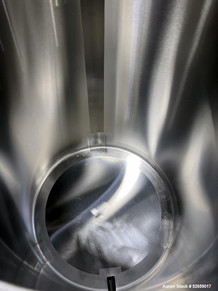 Used Stainless Steel Tank, Approximate 140 Gallon, Vertical. Approximate 32" diameter x 40" straight side. Flat top with cover, slight sloped bottom. 1-1/2" side bottom outlet, 13" discharge height. ...