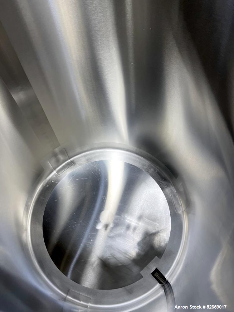 Used Stainless Steel Tank, Approximate 140 Gallon, Vertical. Approximate 32" diameter x 40" straight side. Flat top with cover, slight sloped bottom. 1-1/2" side bottom outlet, 13" discharge height. ...