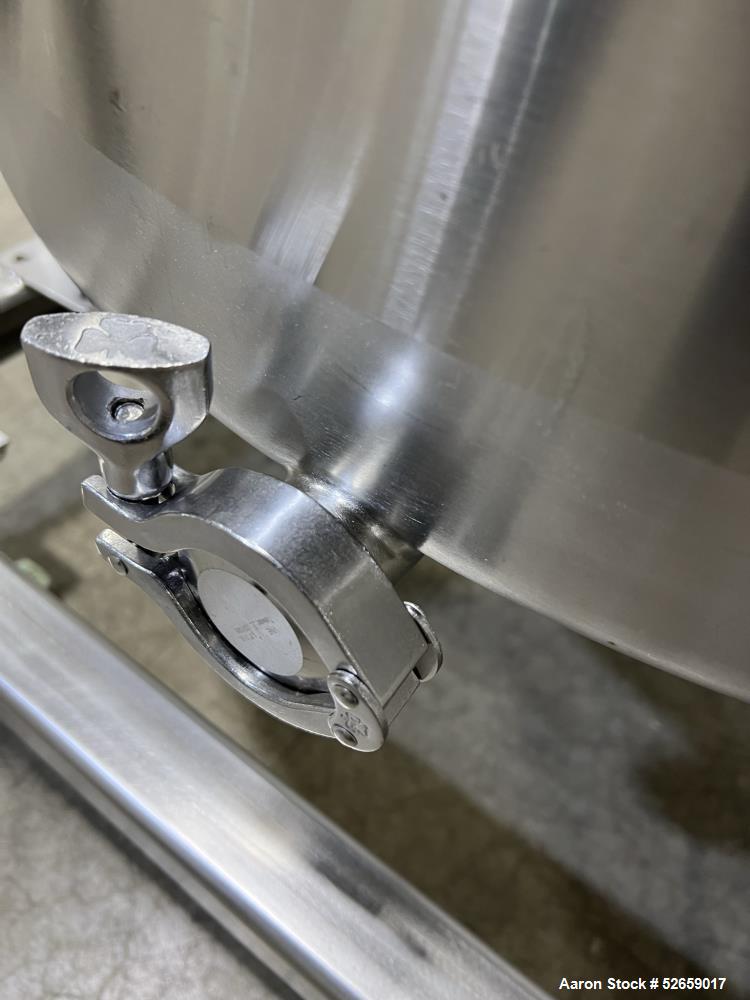 Used Stainless Steel Tank, Approximate 140 Gallon, Vertical. Approximate 32" diameter x 40" straight side. Flat top with cover, slight sloped bottom. 1-1/2" side bottom outlet, 13" discharge height. ...