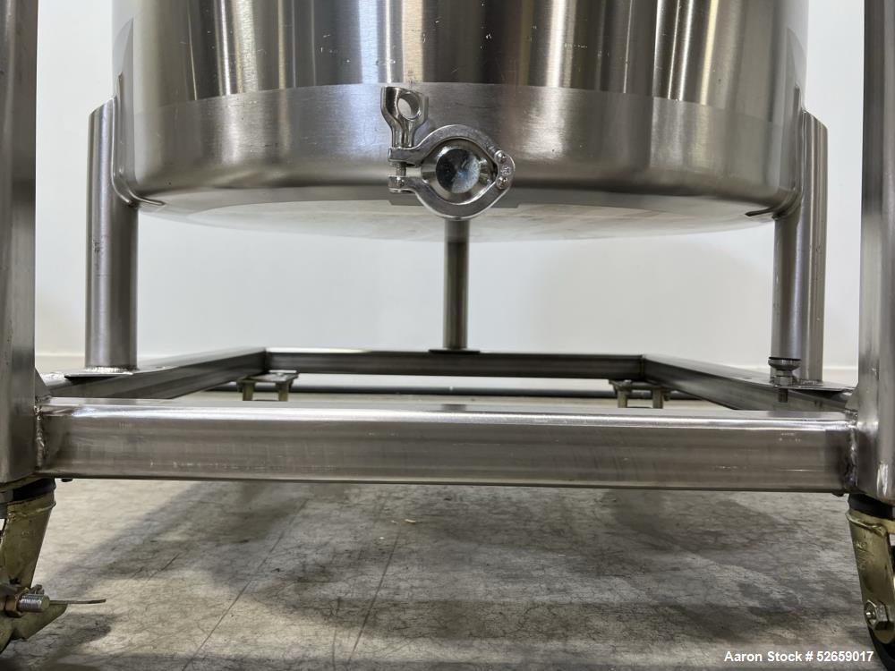 Used Stainless Steel Tank, Approximate 140 Gallon, Vertical. Approximate 32" diameter x 40" straight side. Flat top with cover, slight sloped bottom. 1-1/2" side bottom outlet, 13" discharge height. ...