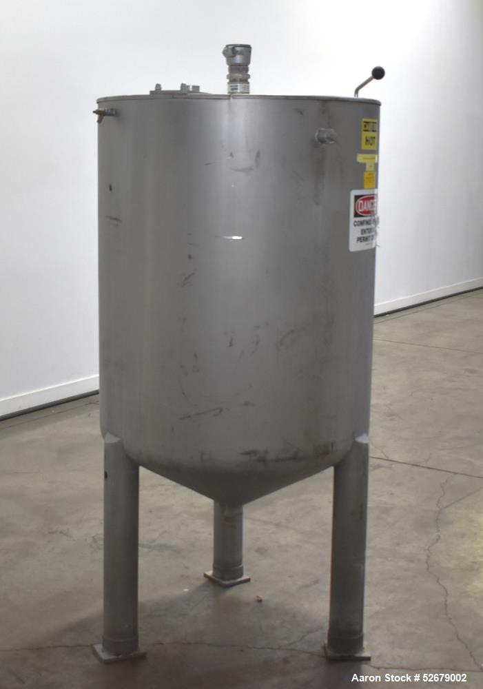 Used Stainless Steel Jacketed Tank, Approximate 150 Gallon, Stainless Steel, Vertical. Approximate 32" diameter x 41-1/2" straight side. Flat top, cone bottom. Jacket rated 22psi maximum. Approximate...