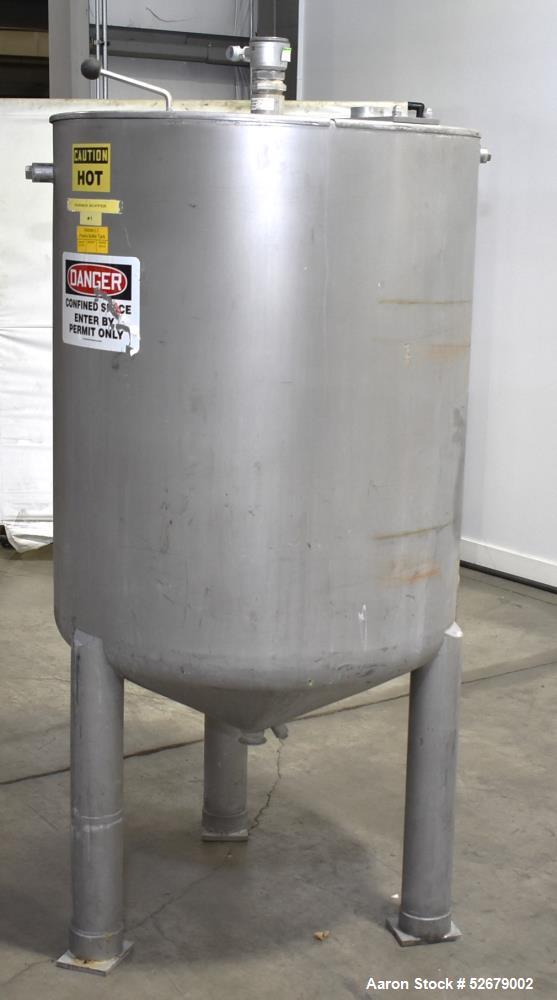 Used Stainless Steel Jacketed Tank, Approximate 150 Gallon, Stainless Steel, Vertical. Approximate 32" diameter x 41-1/2" straight side. Flat top, cone bottom. Jacket rated 22psi maximum. Approximate...
