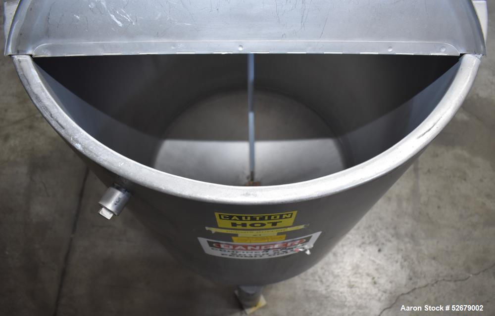Used Stainless Steel Jacketed Tank, Approximate 150 Gallon, Stainless Steel, Vertical. Approximate 32" diameter x 41-1/2" straight side. Flat top, cone bottom. Jacket rated 22psi maximum. Approximate...