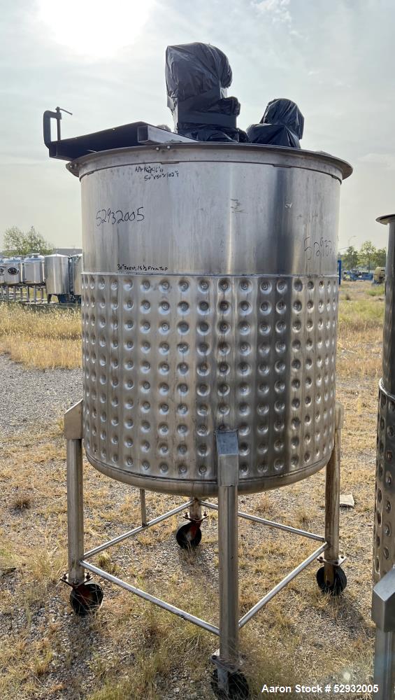 Used Stainless Steel Approximate 350 Gallon Mix Tank, Vertical. Approximate 46" diameter x 46" straight side. Flat top with covers, dished bottom. Dimple 2/3 sidewall jacket. Top entering high shear ...