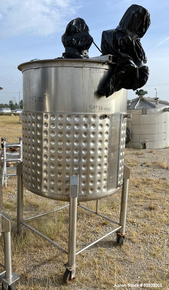 Used Stainless Steel Approximate 350 Gallon Mix Tank, Vertical. Approximate 46" diameter x 46" straight side. Flat top with covers, dished bottom. Dimple 2/3 sidewall jacket. Top entering high shear ...