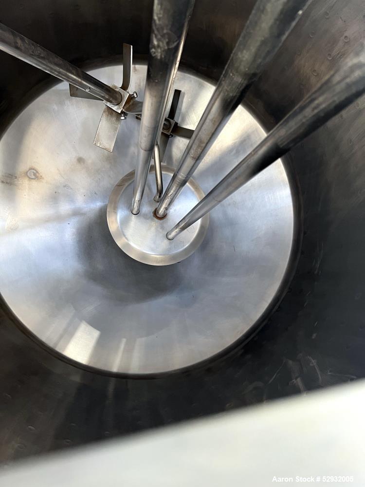 Used Stainless Steel Approximate 350 Gallon Mix Tank, Vertical. Approximate 46" diameter x 46" straight side. Flat top with covers, dished bottom. Dimple 2/3 sidewall jacket. Top entering high shear ...