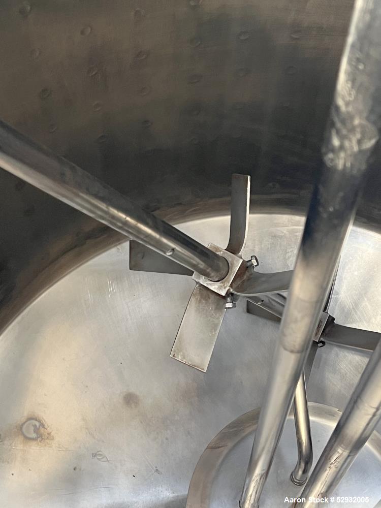 Used Stainless Steel Approximate 350 Gallon Mix Tank, Vertical. Approximate 46" diameter x 46" straight side. Flat top with covers, dished bottom. Dimple 2/3 sidewall jacket. Top entering high shear ...