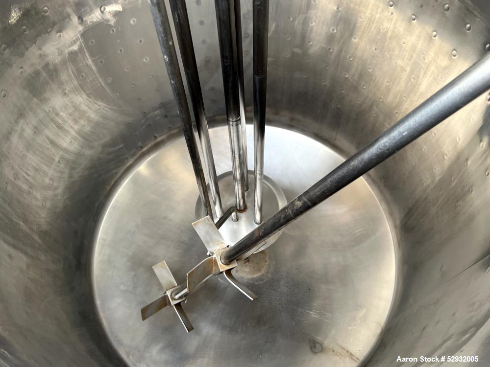 Used Stainless Steel Approximate 350 Gallon Mix Tank, Vertical. Approximate 46" diameter x 46" straight side. Flat top with covers, dished bottom. Dimple 2/3 sidewall jacket. Top entering high shear ...