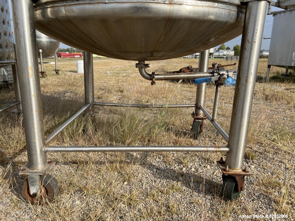 Used Stainless Steel Approximate 350 Gallon Mix Tank, Vertical. Approximate 46" diameter x 46" straight side. Flat top with covers, dished bottom. Dimple 2/3 sidewall jacket. Top entering high shear ...