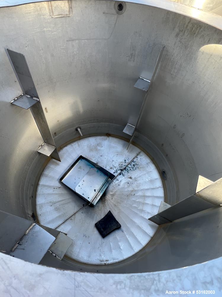 Used 150 Gallon Vertical Stainless Steel Tank | 304 SS | Baffled | Cone Bottom | 36" Dia | No Tag