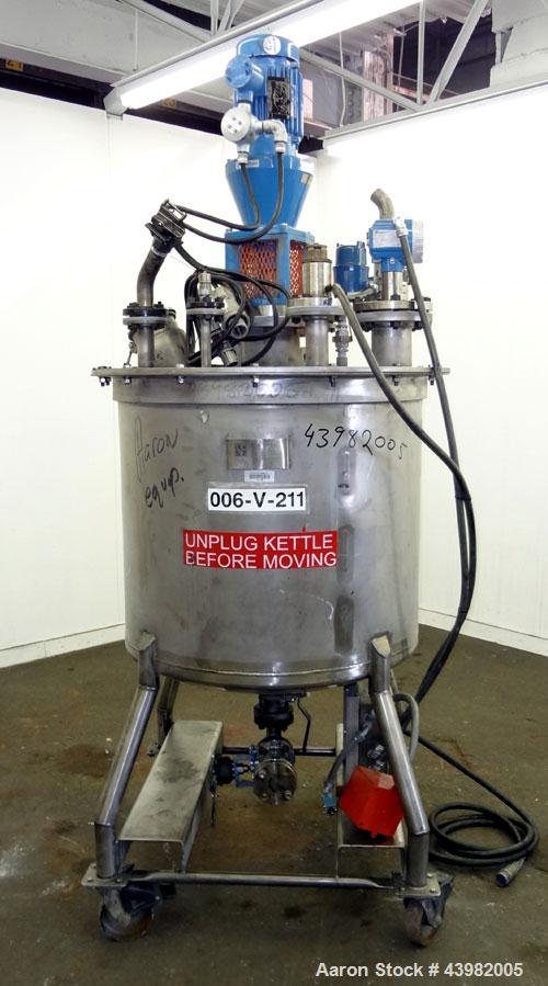 Used Val-Fab Tank, 150 Gallon, 316L Stainless Steel, Vertical. 36” Diameter x 31” straight side, flat bolt on top, dished bottom. Top entering Cheminner agitator with mechanical seal. Approximate 1” ...