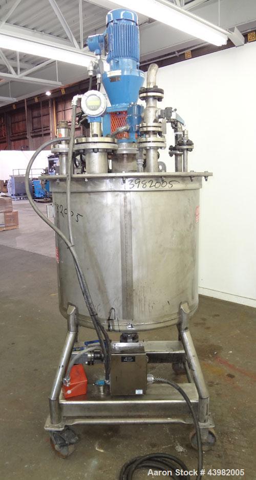 Used Val-Fab Tank, 150 Gallon, 316L Stainless Steel, Vertical. 36” Diameter x 31” straight side, flat bolt on top, dished bottom. Top entering Cheminner agitator with mechanical seal. Approximate 1” ...