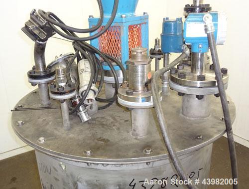 Used Val-Fab Tank, 150 Gallon, 316L Stainless Steel, Vertical. 36” Diameter x 31” straight side, flat bolt on top, dished bottom. Top entering Cheminner agitator with mechanical seal. Approximate 1” ...