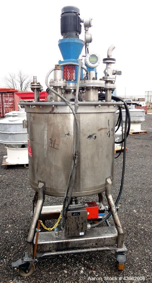 Used Val-Fab Tank, 150 Gallon, 316L Stainless Steel, Vertical. 36" Diameter x 31" straight side, flat bolt on top, dished bottom. Top entering Cheminner agitator with mechanical seal. Approximate 1" ...