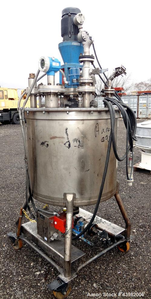 Used Val-Fab Tank, 150 Gallon, 316L Stainless Steel, Vertical. 36" Diameter x 31" straight side, flat bolt on top, dished bottom. Top entering Cheminner agitator with mechanical seal. Approximate 1" ...