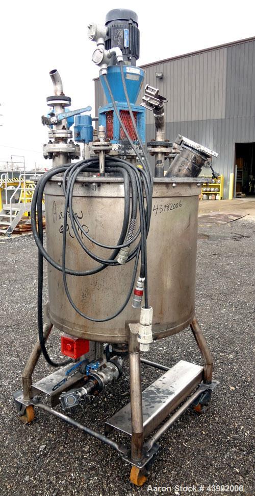 Used Val-Fab Tank, 150 Gallon, 316L Stainless Steel, Vertical. 36" Diameter x 31" straight side, flat bolt on top, dished bottom. Top entering Cheminner agitator with mechanical seal. Approximate 1" ...
