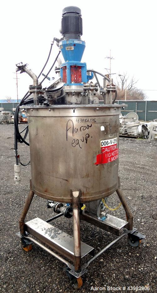 Used Val-Fab Tank, 150 Gallon, 316L Stainless Steel, Vertical. 36" Diameter x 31" straight side, flat bolt on top, dished bottom. Top entering Cheminner agitator with mechanical seal. Approximate 1" ...