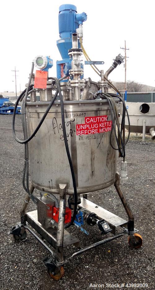 Used Val-Fab Tank, 150 Gallon, 316L Stainless Steel, Vertical. 36" Diameter x 31" straight side, flat bolt on top, dished bottom. Top entering Cheminner agitator with mechanical seal. Approximate 1" ...