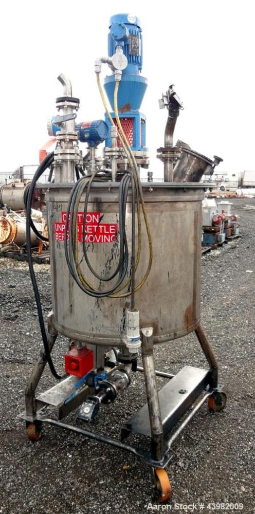 Used Val-Fab Tank, 150 Gallon, 316L Stainless Steel, Vertical. 36" Diameter x 31" straight side, flat bolt on top, dished bottom. Top entering Cheminner agitator with mechanical seal. Approximate 1" ...