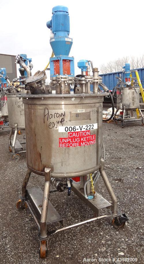 Used Val-Fab Tank, 150 Gallon, 316L Stainless Steel, Vertical. 36" Diameter x 31" straight side, flat bolt on top, dished bottom. Top entering Cheminner agitator with mechanical seal. Approximate 1" ...