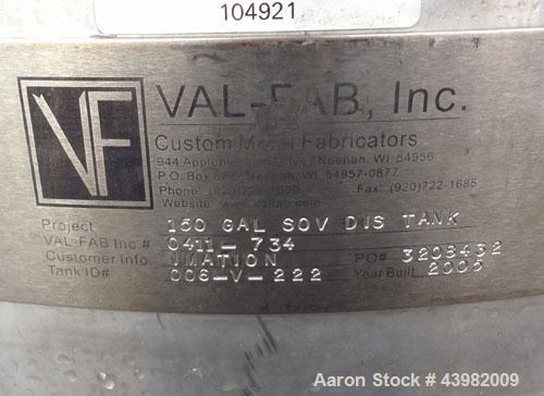 Used Val-Fab Tank, 150 Gallon, 316L Stainless Steel, Vertical. 36" Diameter x 31" straight side, flat bolt on top, dished bottom. Top entering Cheminner agitator with mechanical seal. Approximate 1" ...