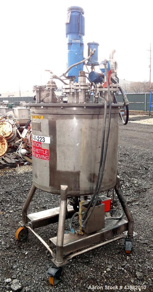 Used Val-Fab Tank, 150 Gallon, 316L Stainless Steel, Vertical. 36" Diameter x 31" straight side, flat bolt on top, dished bottom. Top entering Cheminner agitator with mechanical seal. Approximate 1" ...
