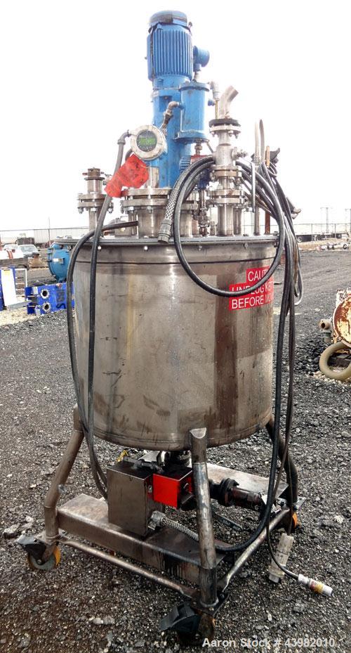 Used Val-Fab Tank, 150 Gallon, 316L Stainless Steel, Vertical. 36" Diameter x 31" straight side, flat bolt on top, dished bottom. Top entering Cheminner agitator with mechanical seal. Approximate 1" ...