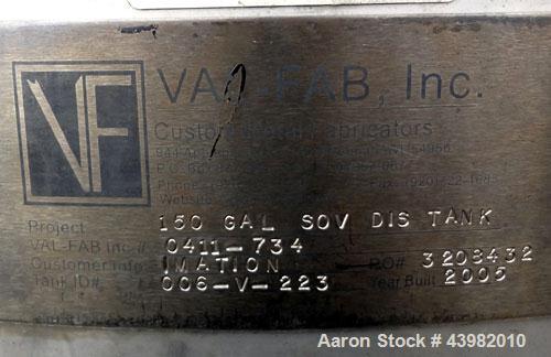 Used Val-Fab Tank, 150 Gallon, 316L Stainless Steel, Vertical. 36" Diameter x 31" straight side, flat bolt on top, dished bottom. Top entering Cheminner agitator with mechanical seal. Approximate 1" ...