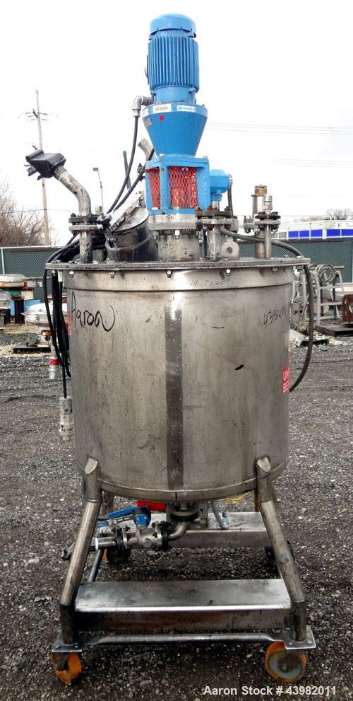 Used Val-Fab Tank, 150 Gallon, 316L Stainless Steel, Vertical. 36" Diameter x 31" straight side, flat bolt on top, dished bottom. Top entering Cheminner agitator with mechanical seal. Approximate 1" ...
